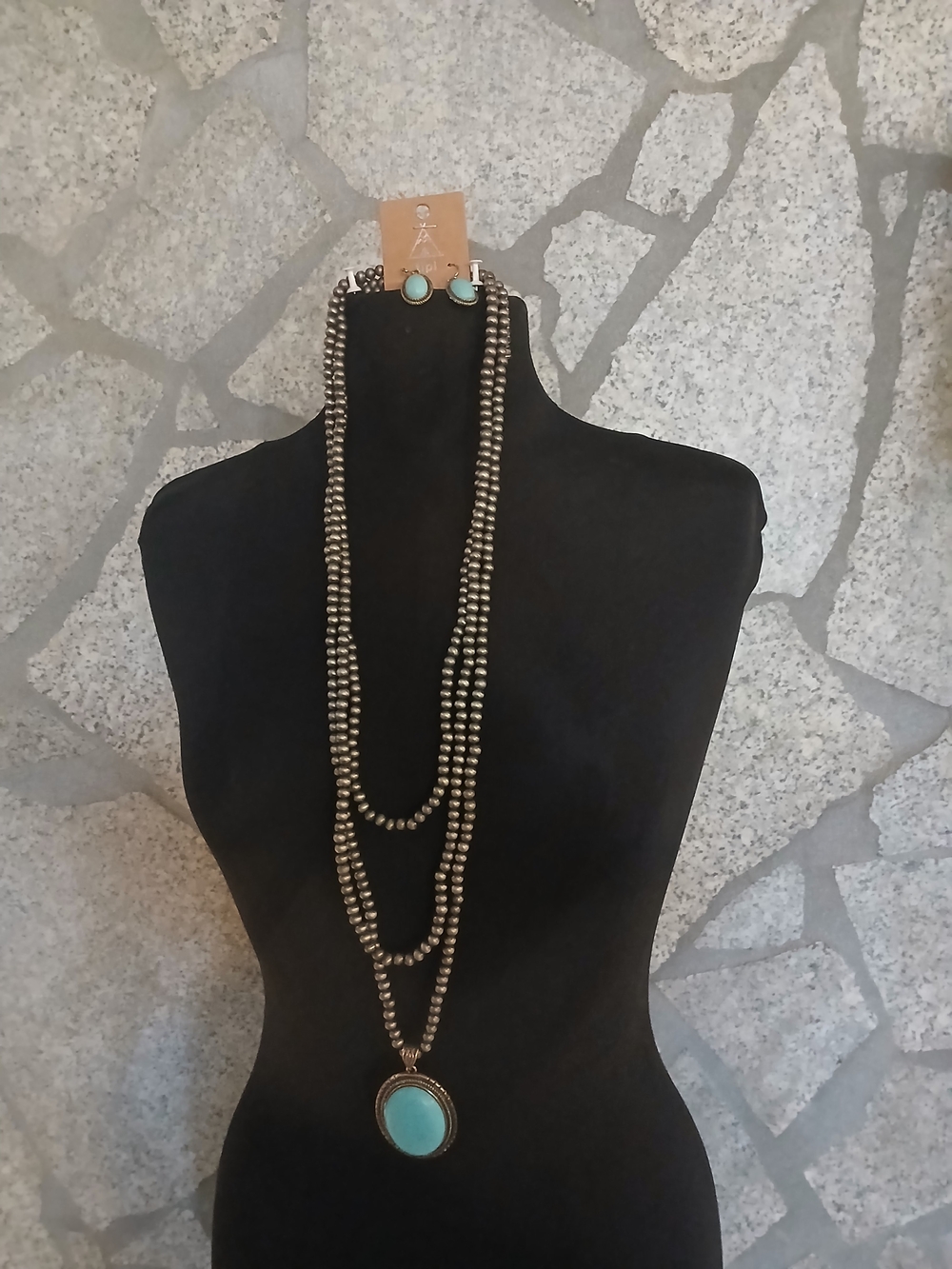 Layered Bead Necklace with Turquoise Pendant and Matching Studs